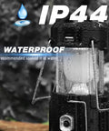 Close-up of 2 Pack Solar Camping Fan With Collapsible LED Lantern showing waterproof IP44 rating with USB port.