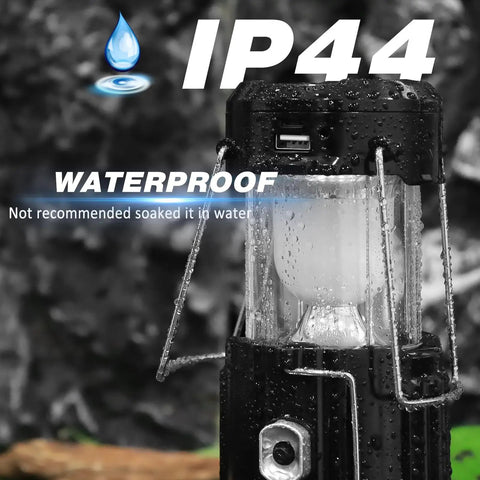 Close-up of 2 Pack Solar Camping Fan With Collapsible LED Lantern showing waterproof IP44 rating with USB port.