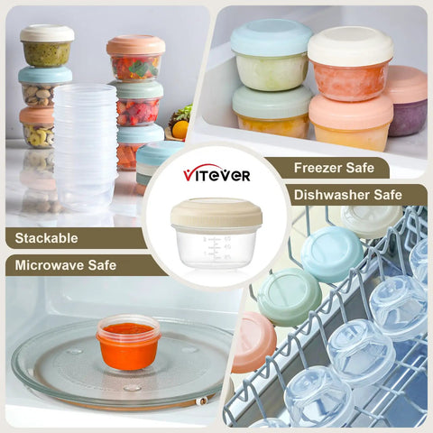 16 Pack 4 Ounce Reusable Plastic Jars With Lids For Snacks And Purees, stackable, microwave safe, showing various uses