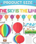 3D Hot Air Balloon Bulletin Board Set With Totally Colorful Name Tags For Back To School Classroom Decor Motivational The Sky Is The Limit Cutouts Cloud Borders And DIY Wall Art Kit showing product sizes and details