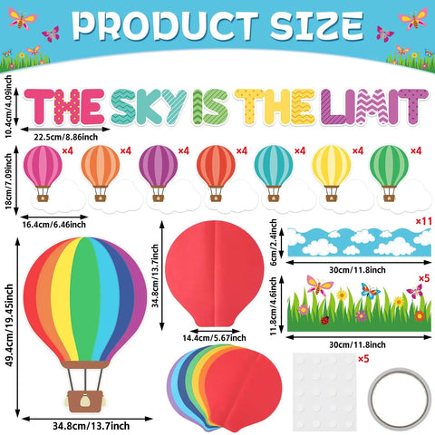 3D Hot Air Balloon Bulletin Board Set With Totally Colorful Name Tags For Back To School Classroom Decor Motivational The Sky Is The Limit Cutouts Cloud Borders And DIY Wall Art Kit showing product sizes and details