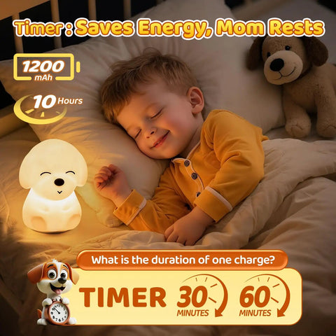 Child sleeping next to Cute Puppy Night Light For Kids With 16 Colors And Dual Brightness Levels 30 And 60 Minute Timer Soft Silicone Nursery Lamp Rechargeable 1200mAh 10 Hours Use Kid Approved Room Decor Gift For Boys And Girls.