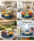 Rotating 5-Compartment Snack Tray With Lid in living room, kitchen bar, outdoor patio, and refrigerator setup