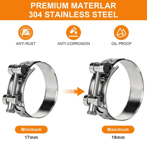 Sieqioor T-bolt hose clamps, 304 stainless steel, 17–19mm range, adjustable, two clamps shown