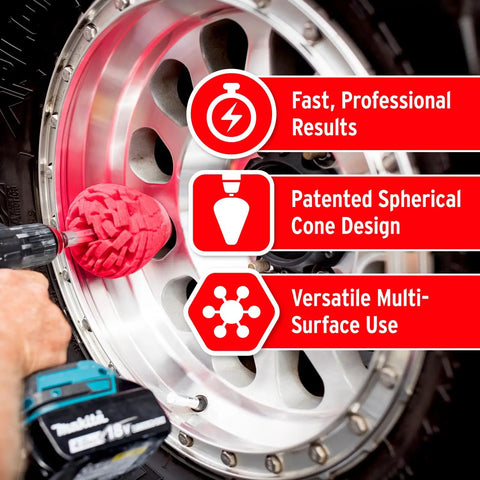PowerCone 360 Polishing Tool With Quick Swap Bit polishing a wheel, highlighting its versatility and patented spherical design