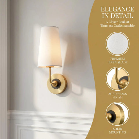 Gold Fabric Shade Wall Sconce Set of 2 - Modern 1-Light Hardwired Brass Wall Lamps with Brushed Gold Finish and Black Back Plate for Bedroom, Hallway, Living Room, and Bathroom - Luxe Urban Glow, with premium linen shade and aged brass finish.
