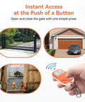 Portable Gate Opener Remote For Driveway And Chicken Coop Doors, HCS301 Rolling Code 433.92MHz being held near gates and coop.