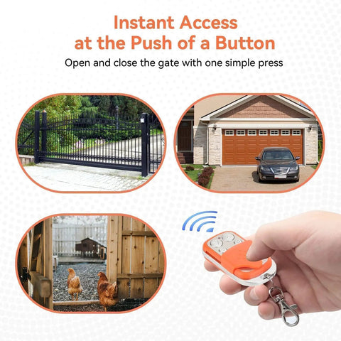 Portable Gate Opener Remote For Driveway And Chicken Coop Doors, HCS301 Rolling Code 433.92MHz being held near gates and coop.
