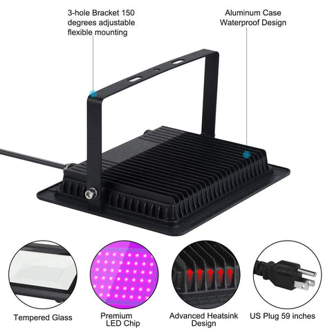 100W Blacklight Flood Light with Purple Hue plug in six foot cable shown with aluminum case and adjustable bracket.