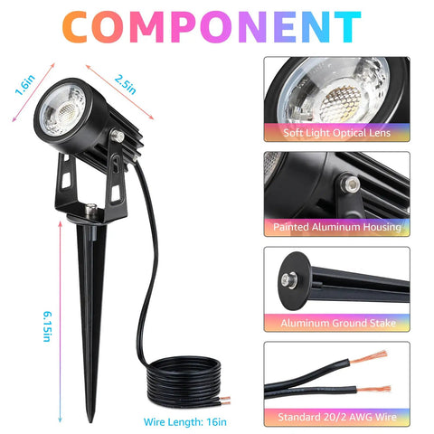 All In One Low Voltage Landscape Lighting Kit component details of RGBW LED light dimensions and features with wire