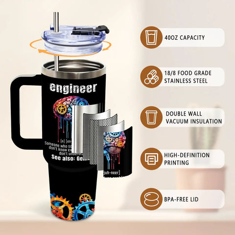 Insulated Tumbler 40 Oz For Engineers, Dope Engineer Gift For Men And Women, Double Sided Design Coffee Cup with lid open detail