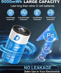 Heavy Duty Rechargeable Lithium Ion D Cell Batteries 4 Pack 1.5 Volt With Usb C Cable showing large capacity and protection features.