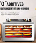 Heavy Duty Electric Food Dehydrator With Six Stainless Steel Trays And Smart Digital Timer showing healthy snacks drying through clear glass door.