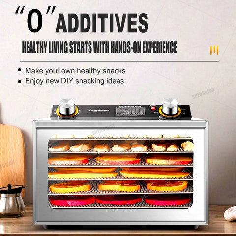 Heavy Duty Stainless Steel Beef Jerky Maker And Electric Food Dehydrator with Smart Digital Timer, showcasing adjustable racks with snacks.