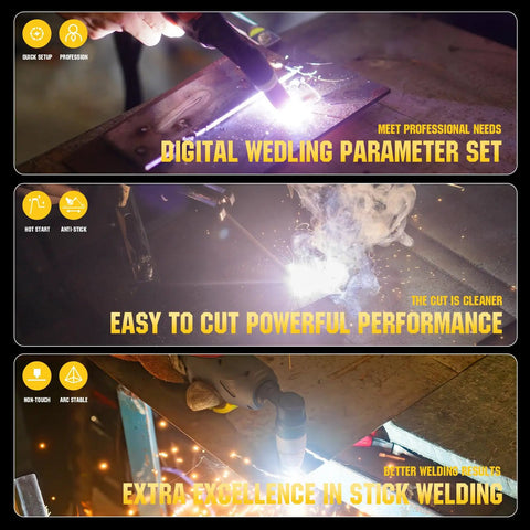 Image of 6 In 1 Welding Machine With Plasma Cutter And TIG Capabilities, showcasing digital settings while in use.