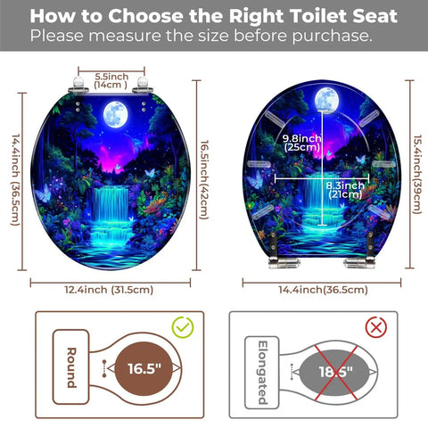 Toilet Seat Round Resin for Bathroom with dimensions and instructions for proper fitting, showcasing a colorful design.