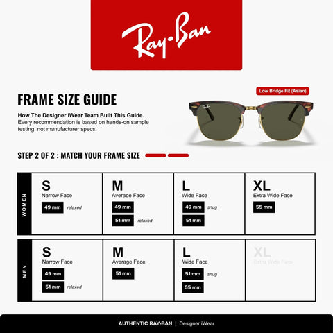 Frame size guide for Clubmaster Low Bridge Fit Square Sunglasses with G-15 Green Lenses, 55mm Tortoise On Gold Frame