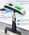 110 Pound Luggage Weight Scale With Four Unit Switching And LED Display on suitcase handle, showing 61.6 lb