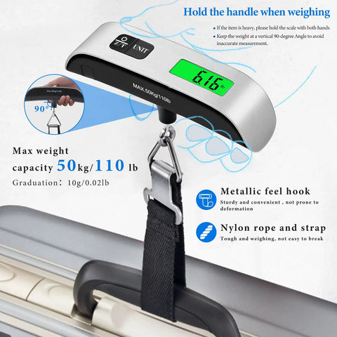 110 Pound Luggage Weight Scale With Four Unit Switching And LED Display on suitcase handle, showing 61.6 lb