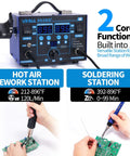 862BD+ 2-In-1 Soldering Iron And Hot Air Rework Station showing Fahrenheit and Celsius control display with hands soldering a circuit board