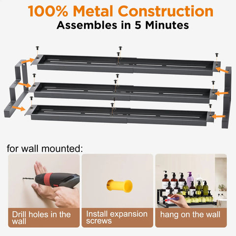Adjustable 3 Tier Metal Spice Rack Organizer showing 100% metal construction, assembly instructions for wall mounting.