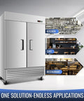 Top Notch Commercial Reach In Freezer Made From Solid Stainless Steel With A Roomy 49.6 Cubic Foot Hold and digital thermostat in kitchen setting.
