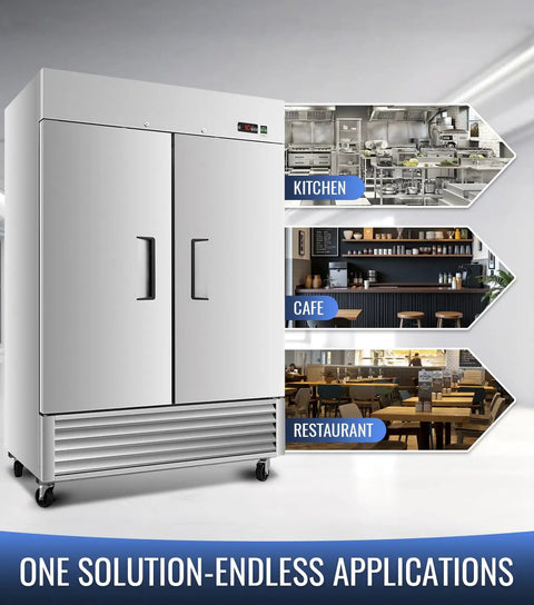Top Notch Commercial Reach In Freezer Made From Solid Stainless Steel With A Roomy 49.6 Cubic Foot Hold and digital thermostat in kitchen setting.