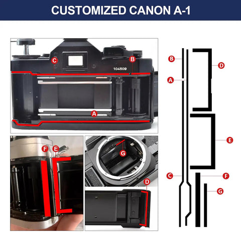 Customized Canon A-1 showing No Sweat Pre Cut Light Seal Foam Sponge Repair Kit with red adhesive patches.