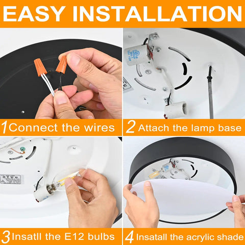 Installation steps for Two Light Flush Mount Ceiling Light With Slick Matte Black Frame And White Acrylic Shade, 11.8 Inch Close To Ceiling Fixture