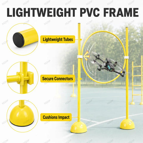 DIY Drone Obstacle Course Kit For RC FPV Racing Drones, Indoor Outdoor Practice Arena, showing loop gate and yellow pole