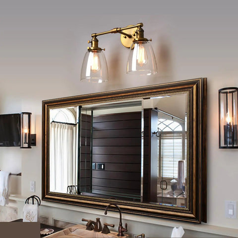 Two Light Wall Sconce With Switch Vintage Industrial Brushed Metal Fixture 5.6 Inch Bell Glass Canopy above mirror