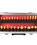 25-Piece 1/4 Inch Shank Tungsten Carbide Router Bit Set For Pros And DIY Woodworkers in red and black storage case