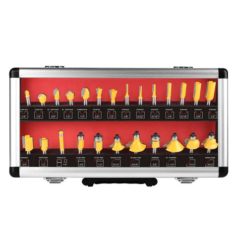 25-Piece 1/4 Inch Shank Tungsten Carbide Router Bit Set For Pros And DIY Woodworkers in red and black storage case