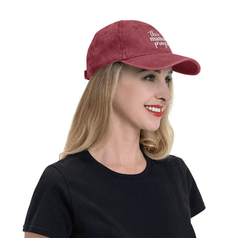 Woman wearing Wine Red Lightweight Baseball Cap for Men, Breathable Soft Comfort Fit Hat for Running, Hiking, Cycling, Walking, and Outdoor Sports.