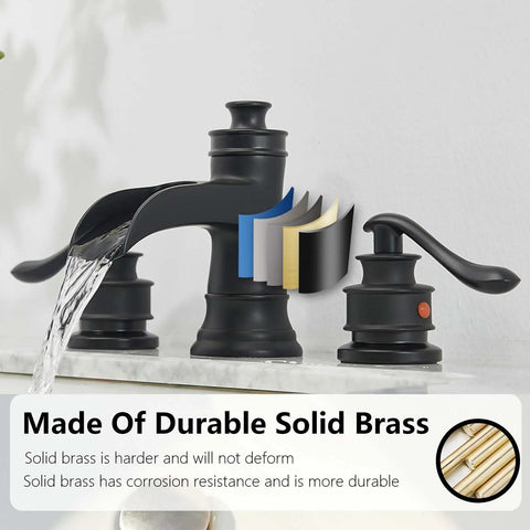Matte Black Widespread Bathroom Faucet With Waterfall Spout Farmhouse Style 3 Hole Sink Faucet Two Handle 8 Inch Centers
