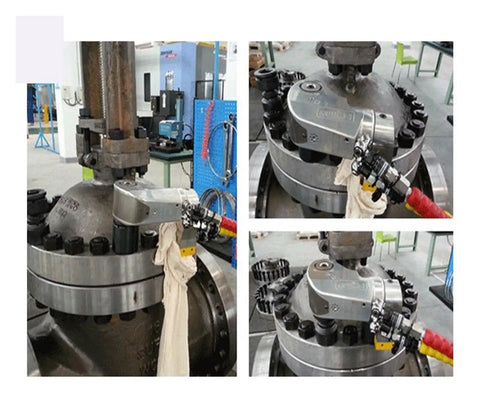 Heavy Duty Hydraulic Torque Wrench Generating 700 Bar Real Deal Pressure positioned on a large valve flange with black bolts.