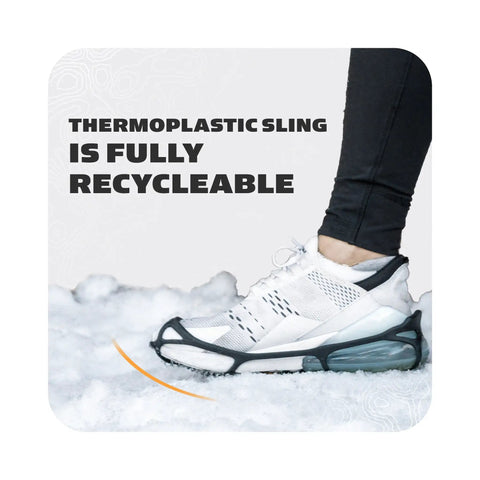 Person wearing Top Shelf Snow And Ice Walking Traction Cleats over sneakers in the snow, showcasing thermoplastic design.