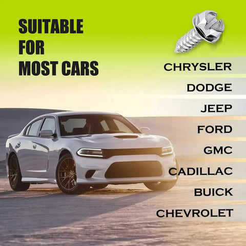 Image of Solid Grip Eight Piece License Plate Screw Kit Forged From Military Grade Stainless Steel Hex Bolts with car model names shown.