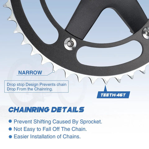 Close-up of 46T 170mm aluminum alloy square crankset chainring details for single speed bikes, highlighting teeth and drop-stop design.