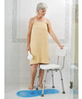 Elderly woman in shower with Shower Chair With Back For Elderly And Disabled, Lightweight Aluminum Bath Seat Supports Up To 300 Lbs