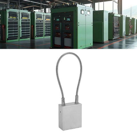 Industrial Lockout Tagout Padlock 85mm Aluminum Body With PVC Coated Steel Cable in front of industrial equipment