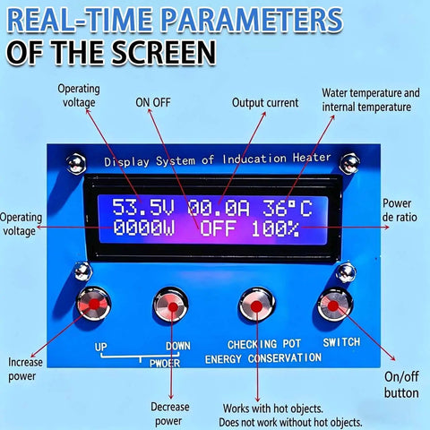 Display screen of Industrial Grade High Frequency Induction Heater With Kick Ass Flameless Heating For Metal Quenching And Forge Welding Pro Shop Hardware Processing Tool Built Tough Over Current Safety Control 2kW To 6kW Output.