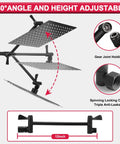 180° adjustable 10 Inch High Pressure Rainfall Shower Head Kit with gear joint and 12 inch arm diagram.