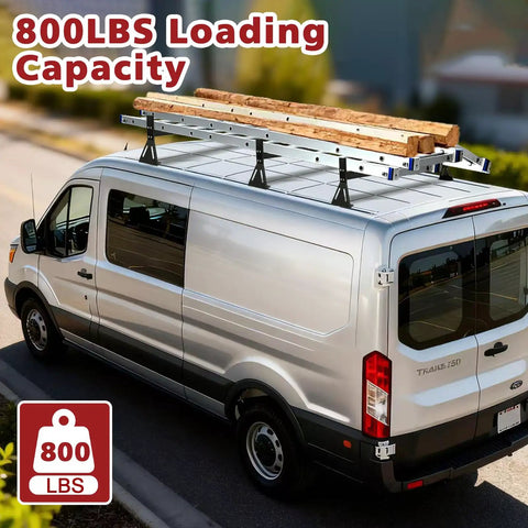 Heavy Duty Van Ladder Rack With Side Rollers And Cargo End Stops For Ford Transit Nissan Vans No Mess Plug In Mounting on van roof.