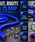 Heavy Duty Silicone Heater Hose With Three Layer Braided Core For Automotive Coolant Radiator Flow Delivering 276 Psi Burst Proof Strength In Ten Foot Straight Blue Profiles Paired With Five Stainless Clamps For Plug And Play Garage Swaps, showing trimming, flexibility and clamps.