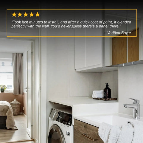 Spring Loaded Adjustable Access Panel Snaps Straight Into 4x4 Through 6x6 Wall Or Ceiling Openings With Zero Sweat And No Drilling Required Paintable Plastic Cover Fits Like A Breeze in modern laundry room.