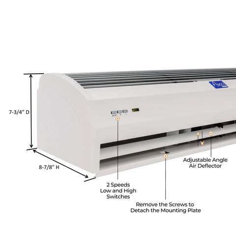 36 Inch Slim Indoor Air Curtain FM-1209T Delivers 1100 CFM Of Power With Quiet Operation, side view with controls visible
