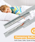 Premium Pair Undermount Drawer Slides With Full Extension And Soft Close, visible with child sleeping, highlighting quiet feature.