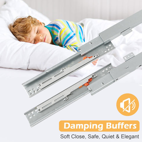 Premium Pair Undermount Drawer Slides With Full Extension And Soft Close, visible with child sleeping, highlighting quiet feature.