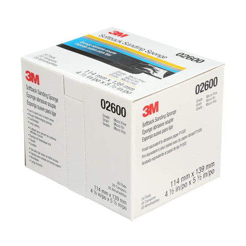 Box of Softback Sanding Sponge 4.5 x 5.5 Inches, 20 Pack, Microfine Grit, showing product details and brand logo.